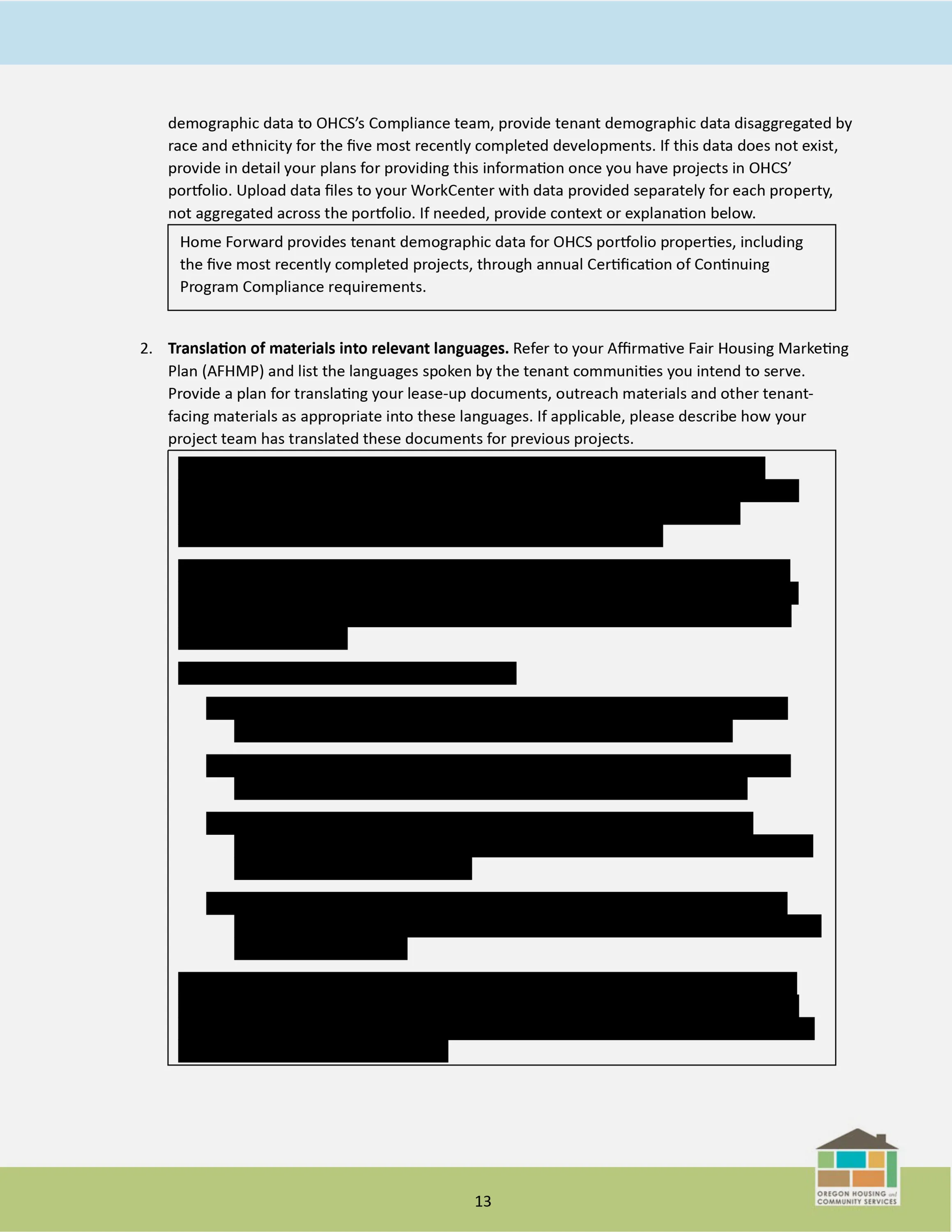Une page d'un document qui demande un plan de traduction de documents, avec la zone de réponse entièrement masquée.